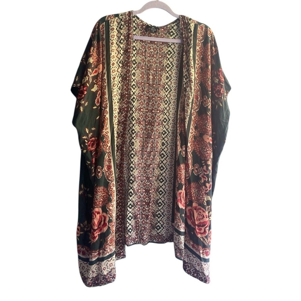 Angie Floral Boho Open Front Kimono Cardigan Size Medium Dark Green, Dusty PInk